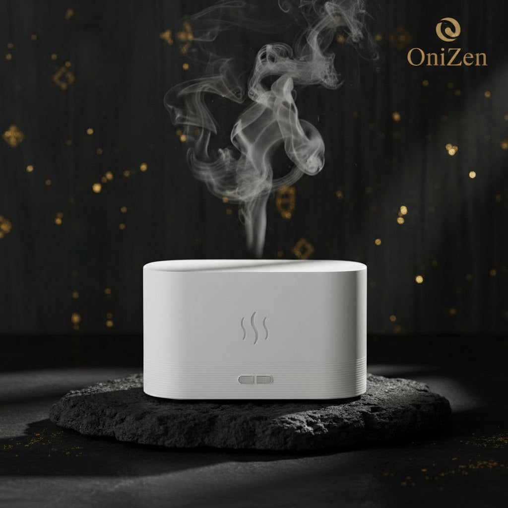 Diffuseur d’arômes OniZen™ blanc minimaliste diffusant une brume apaisante, posé sur une pierre sombre, fond noir orné de reflets dorés, lumière douce créant une ambiance zen et mystique japonaise.