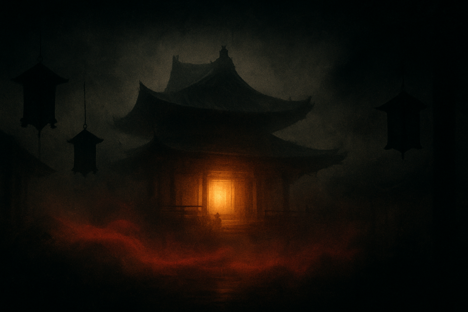 bannière horizontale japonaise sombre avec un temple dans la brume, lumière dorée au centre, brume rouge douce, lanternes suspendues dans l’ombre, ambiance zen et mystique