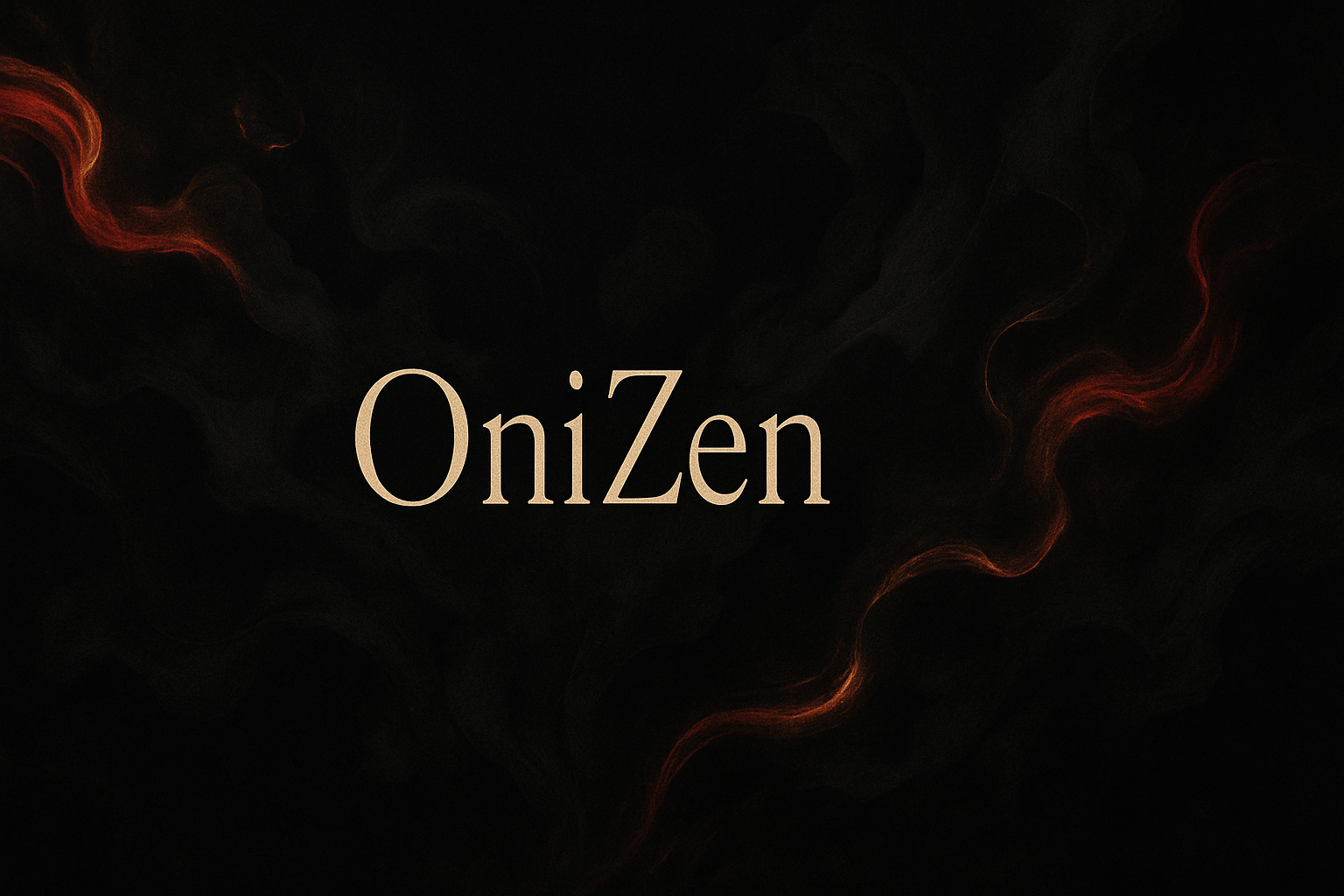 bannière horizontale sombre avec touches rouges et dorées, style japonais contemporain, texture de fumée et lumière diffuse, ambiance zen et mystérieuse, logo OniZen au centre, fond abstrait inspiré de l’encre japonaise