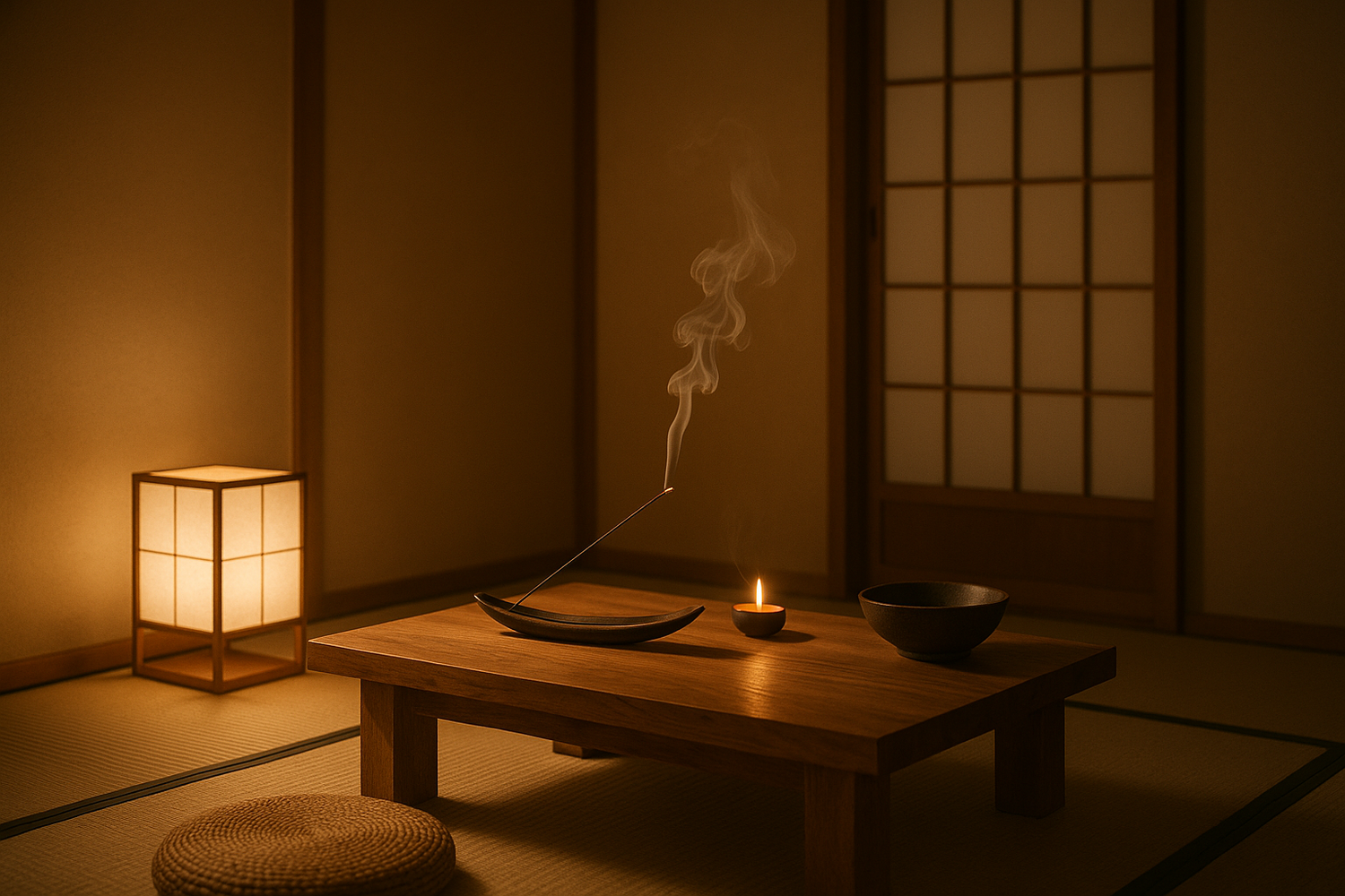 Une pièce minimaliste d’inspiration japonaise, éclairage chaud, table en bois, fumée d’encens douce, flamme de brume apaisante. Ambiance zen et élégante, tons naturels, style cinématique moderne.”